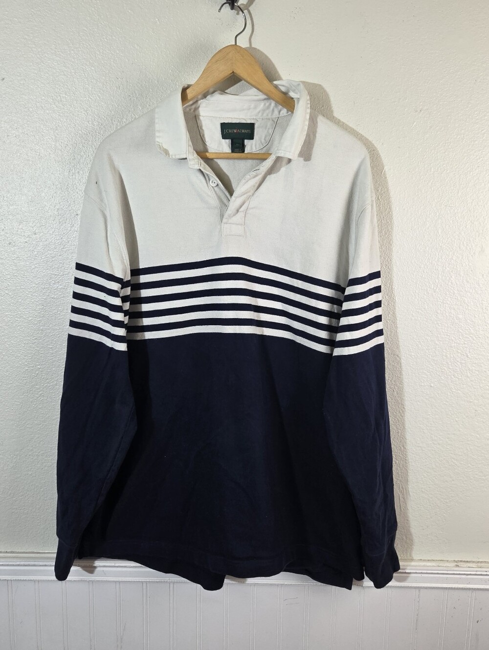 Vintage J.Crew Always Preppy Rugby Shirt Men's XL Navy White Striped 100% Cotton